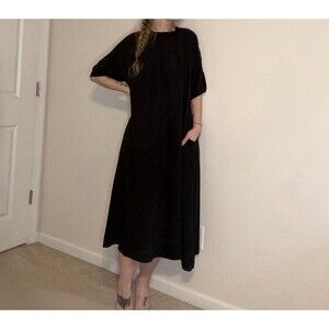 Gentle Herd 100% Silk Midi Dress Black 1/2 Sleeve Unlined NWT Sustainable Sz S